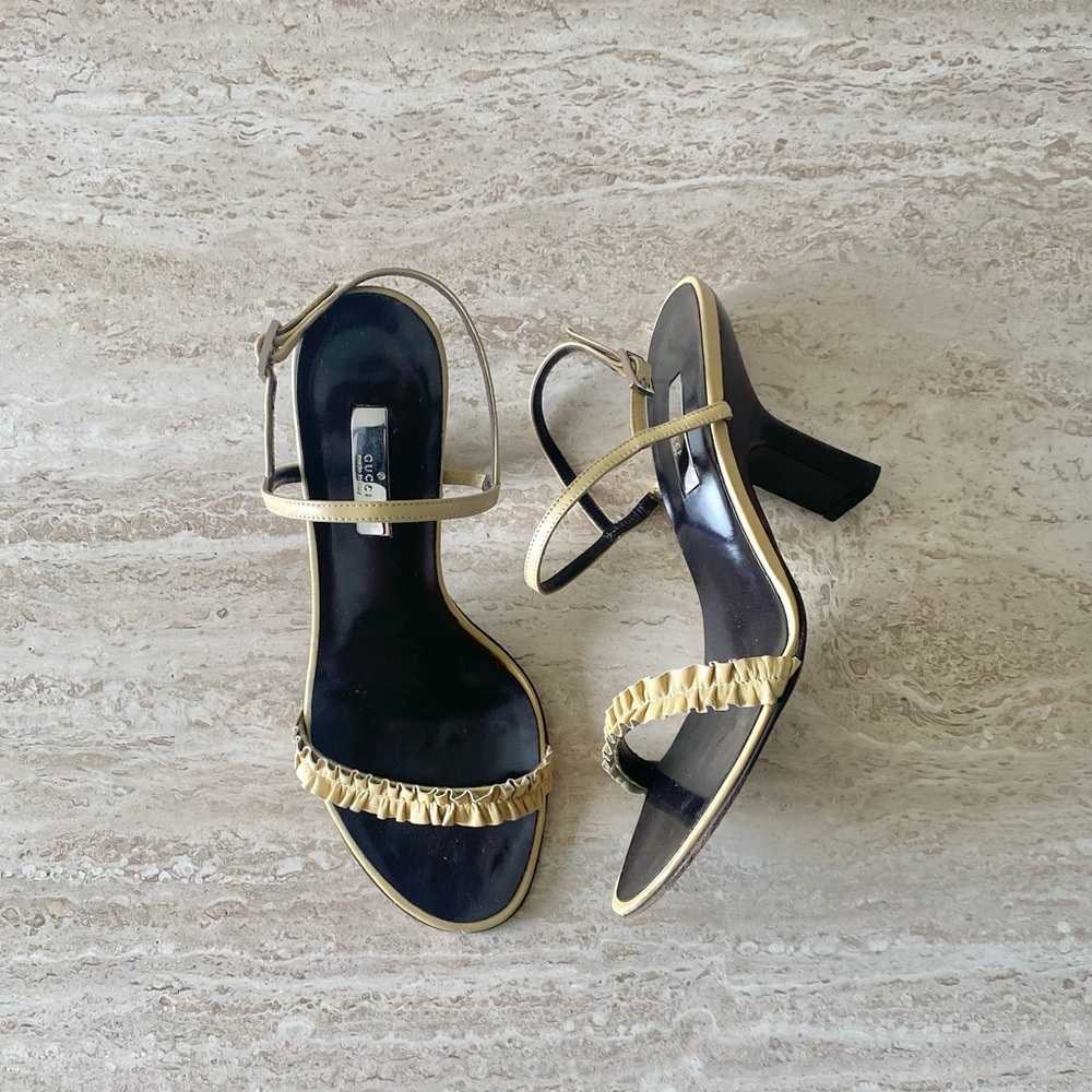 Gucci Black and Gold Strappy Heeled Sandals